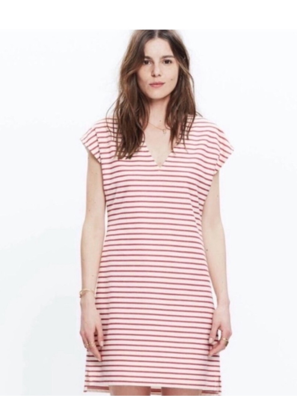 Madewell Cream and Red Striped V-Neck Top